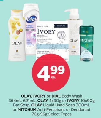 Rexall Olay, ivory or dial body wash 364ml-621ml, olay 4x90g or ivory 10x90g bar soap, olay liquid hand soap 300ml or mitchum anti-p offer