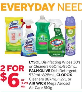 Rexall Lysol disinfecting wipes 30' s or cleaners 650ml-950ml, palmolive dish detergent 532ml-828ml, clorox cleaners 887ml-1.27l or offer