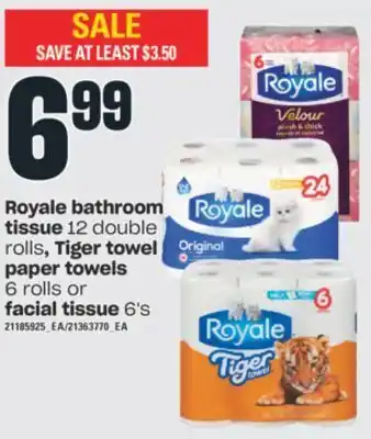 Independent City Market Royale bathroom tissue, 12 double rolls, tiger towel paper towels, 6 rolls or facial tissue, 6's offer
