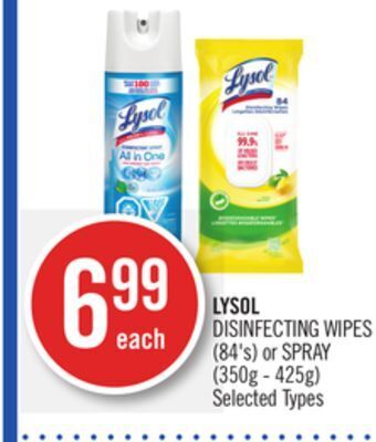 Shoppers Drug Mart Lysol disinfecting wipes (84's) or spray (350g - 425g) offer