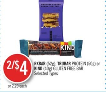 Shoppers Drug Mart Rxbar (52g), trubar protein (50g) or kind (40g), gluten free bar offer