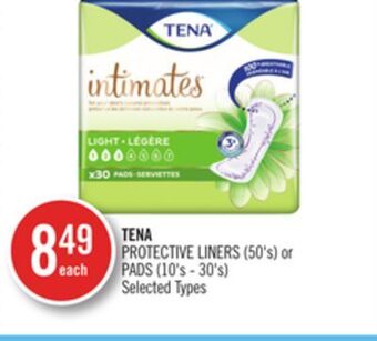 Shoppers Drug Mart Tena protective liners (50's) or pads (10's - 30's) offer