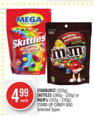 Shoppers Drug Mart Starburst (320g), skittles (280g - 320g) or m&m's (162g - 230g) stand-up candy bag offer