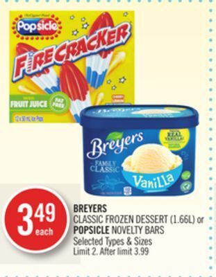 Shoppers Drug Mart Breyers classic frozen dessert (1.66l) or popsicle novelty bars offer