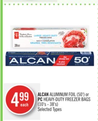 Shoppers Drug Mart Alcan aluminum foil (50') or pc heavy-duty freezer bags (10's - 38's) offer