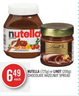 Shoppers Drug Mart Nutella (725g) or lindt (200g) chocolate hazelnut spread offer