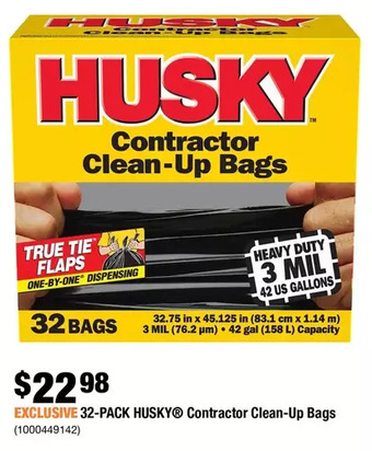 Home Depot 32-pack husky contractor clean-up bags offer