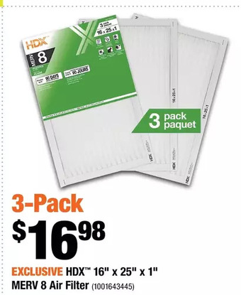 Home Depot Hdx 16" x 25" x 1" merv 8 air filter offer