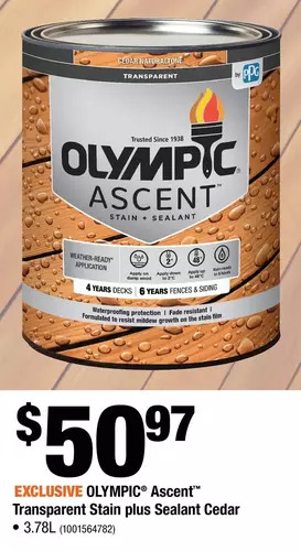 Home Depot Olympic ascent transparent stain plus sealant cedar offer