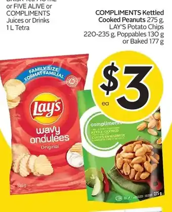 Sobeys Compliments kettled cooked peanuts, lay's potato chips, poppables or baked offer