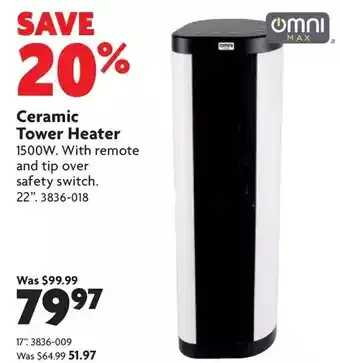 Home Hardware Ceramic tower heater: 12" | 22" offer