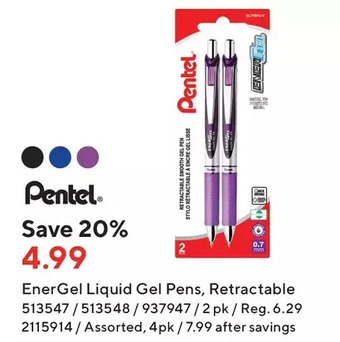 Staples Pentel energel liquid gel pens offer