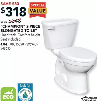 Lowe's American standard "champion" 2-piece elongated toilet offer