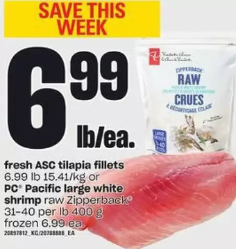 Loblaws Fresh asc tilapia fillets or pc pacific large white shrimp offer