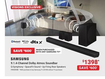 Visions Electronics Samsung 9.1.4-channel dolby atmos soundbar offer