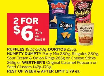 Rexall Ruffles, doritos, humpty dumpty party mix, ringolos, sour cream & onion rings or cheese sticks or werther's original caramel offer