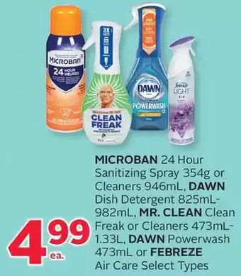 Rexall Microban 24 hour sanitizing spray or cleaners, dawn dish detergent, mr. clean clean freak or cleaners, dawn powerwash or febr offer