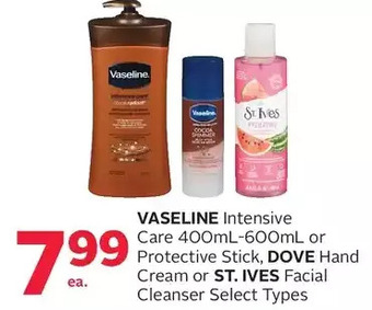 Rexall Vaseline intensive care or protective stick, dove hand cream or st. ives facial cleanser offer
