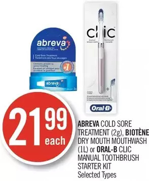 Shoppers Drug Mart Abreva cold sore treatment, biotène dry mouth mouthwash or oral-b clic manual toothbrush starter kit offer
