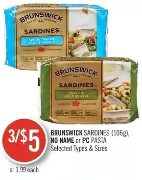 Shoppers Drug Mart Brunswick sardines, no name or pc pasta offer