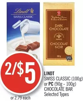 Shoppers Drug Mart Lindt swiss classic or pc chocolate bar offer