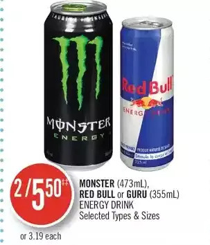 Shoppers Drug Mart Monster, red bull or guru energy drink offer