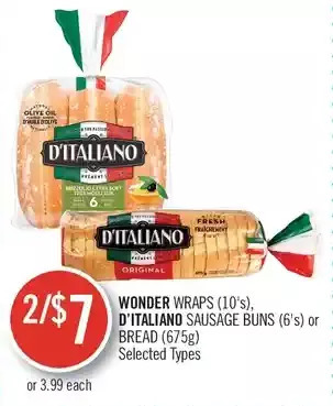 Shoppers Drug Mart Wonder wraps, d'italiano sausage buns or bread offer