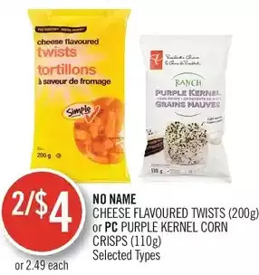 Shoppers Drug Mart No name cheese flavoured twists or pc purple kernel corn crisps offer