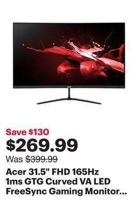Best Buy Acer 31.5" fhd 165hz 1ms gtg curved va led freesync gaming monitor (ed320qr sbiipx) - black offer