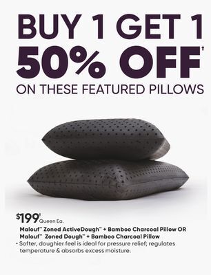 Sleep Country Malouf zoned activedough + bamboo charcoal pillow or malouf zoned dough + bamboo charcoal pillow offer