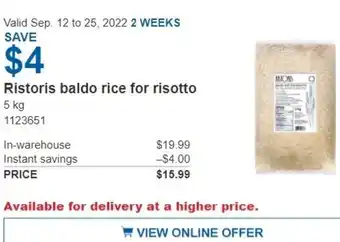 Costco Ristoris Baldo Rice for Risotto 5kg offer