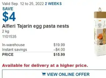 Costco Alfieri Tajarin Egg Pasta Nests 2kg offer