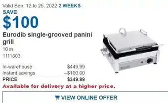 Costco Eurodib Single-Grooved Panini Grill offer