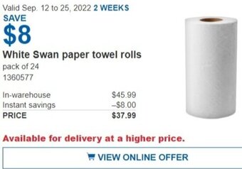 Costco White Swan Paper Towel Rolls offer