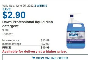 Costco Dawn Professional Liquid Dish Detergent 3.78 L offer
