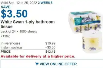 Costco White Swan 1-Ply Bathroom Tissue offer
