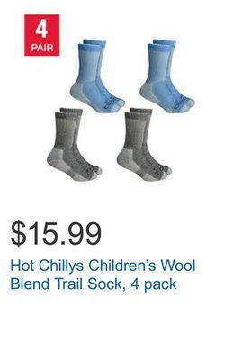 Costco Hot chillys children's wool blend trail sock, 4 pack offer