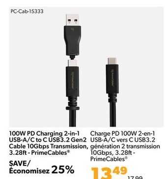 Shopper+ 100w pd charging 2-in-1 usb-a/c to c usb3.2 gen2 cable 10gbps transmission, 3.28ft - primecables offer