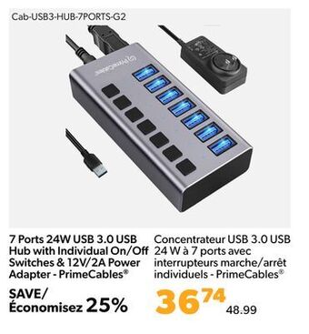 Shopper+ 7 ports 24w usb 3.0 usb hub with individual on/oﬀ switches & 12v/2a power adapter - primecables offer