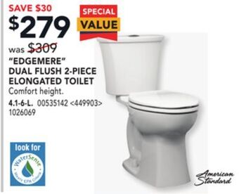 Lowe's American standard "edgemere" dual flush 2-piece elongated toilet offer