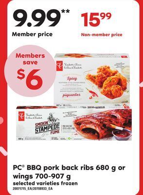 Loblaws Pc® bbq pork back ribs, 680 g or wings, 700-907 g offer