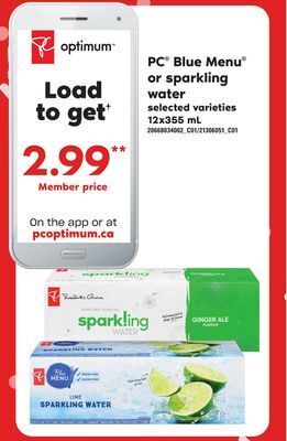 Independent Grocer Pc® blue menu® or sparkling water, 12x355 ml offer