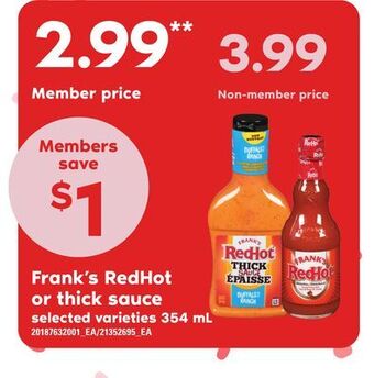 Independent Grocer Frank's redhot or thick sauce, 354 ml offer