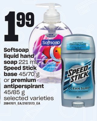 Independent Grocer Softsoap liquid hand soap 221 ml, speed stick base 45/70 g or premium antiperspirant 45/85 g offer