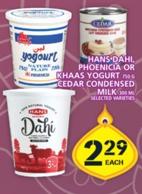 Food Basics Hans dahi, phoenicia or khaas yogurt or cedar condensed milk offer