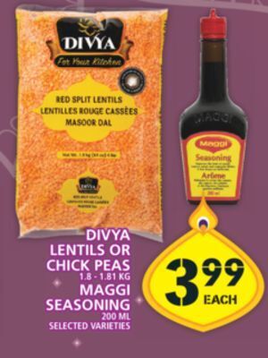 Food Basics Divya lentils or chick peas or maggi seasoning offer