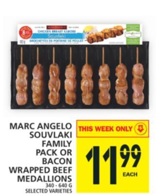 Food Basics Marc angelo souvlaki family pack or bacon wrapped beef medallions offer