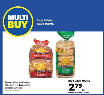 Real Canadian Superstore Country harvest bread, 600/650 g or bagels, 6's offer