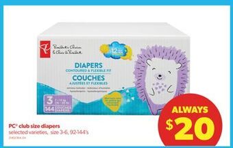 Real Canadian Superstore Pc® club size diapers, size 3-6, 92-144's offer