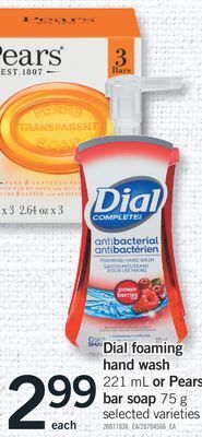 Fortinos Dial foaming hand wash, 221 ml or pears bar soap, 75 g offer